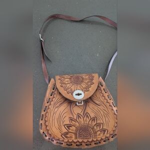 Sunflower Embossed Tan Leather Crossbody Bag Unique Personalized Leather Bag